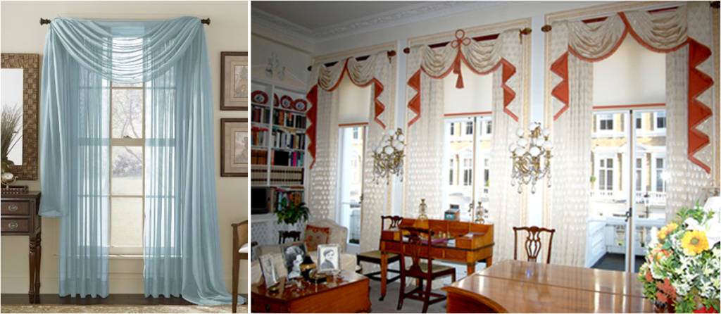 Same-material (L) and contrasting (R) curtain valences