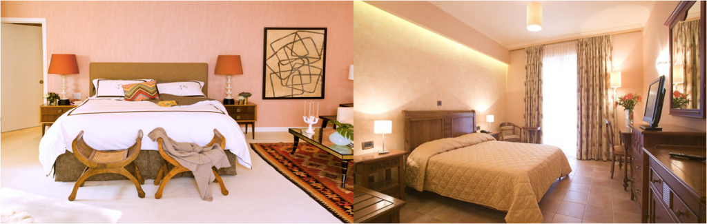 Peach walls, neutral bedspread and curtains & table lamps for accent