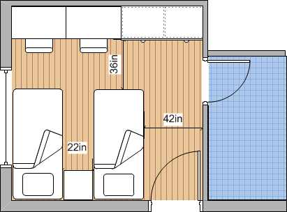 Circulation Space - Two Single Beds - Door at right angles to Window Circulation Space - Two Single Beds - Door at right angles to Window