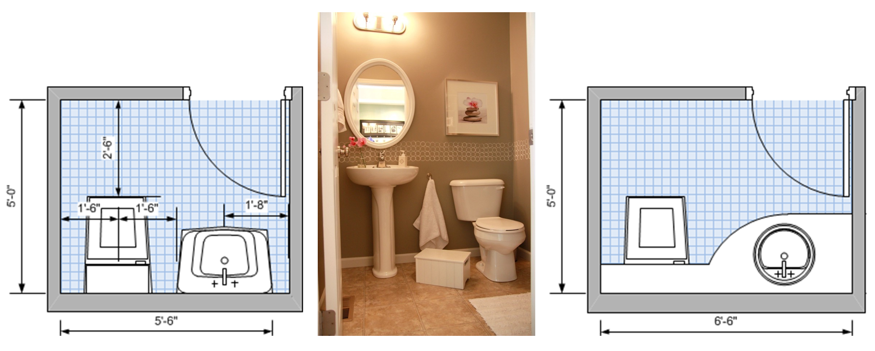 Minimum area two-fixture plan on the left; optimum area two-fixture plan on the right; where plumbing runs along one wall.