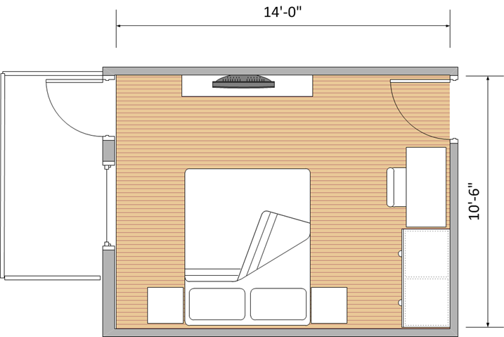 10'6" x 14' (with wardrobe and balcony)