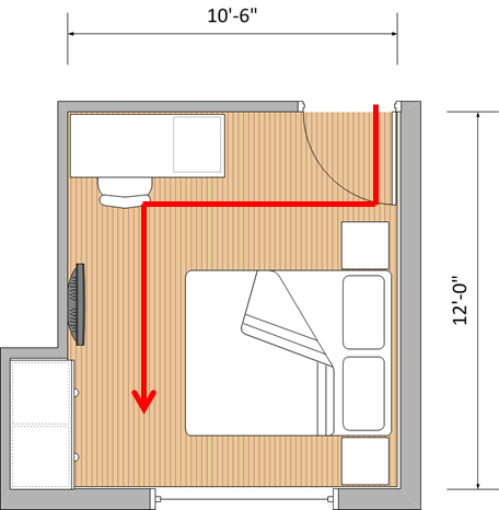 Doors and Windows on opposite sides, but the door is along the wall of the bed's headboard